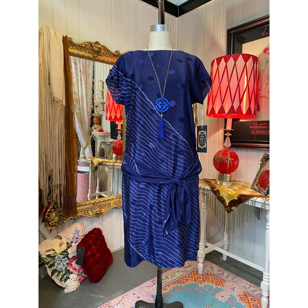 vintage 1980s blue drop waist dress open back polka dot striped 1920s style med